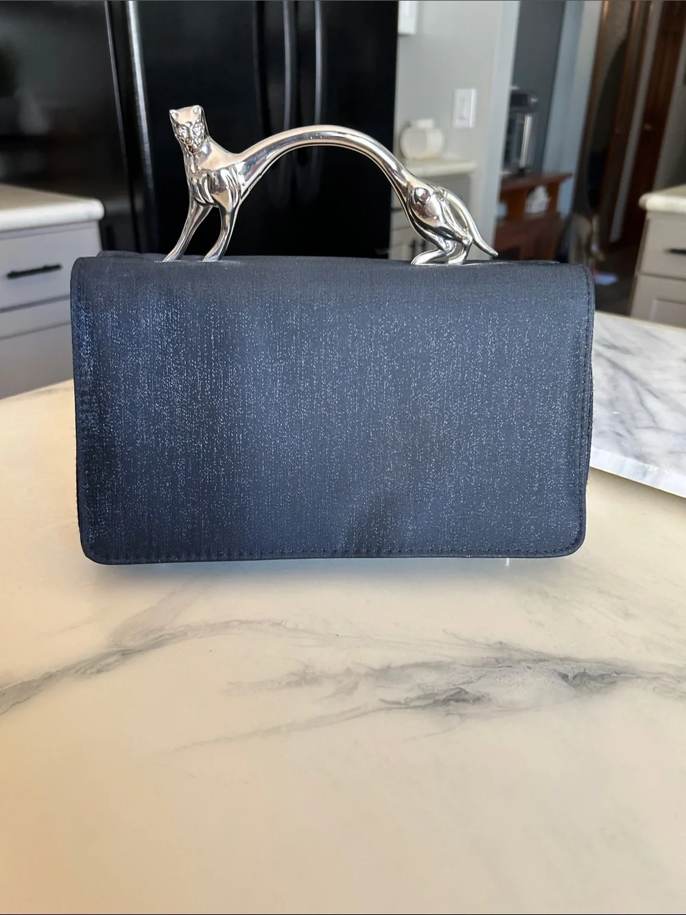 Elegant Black Evening Clutch Handbag With Silver Panther Handle